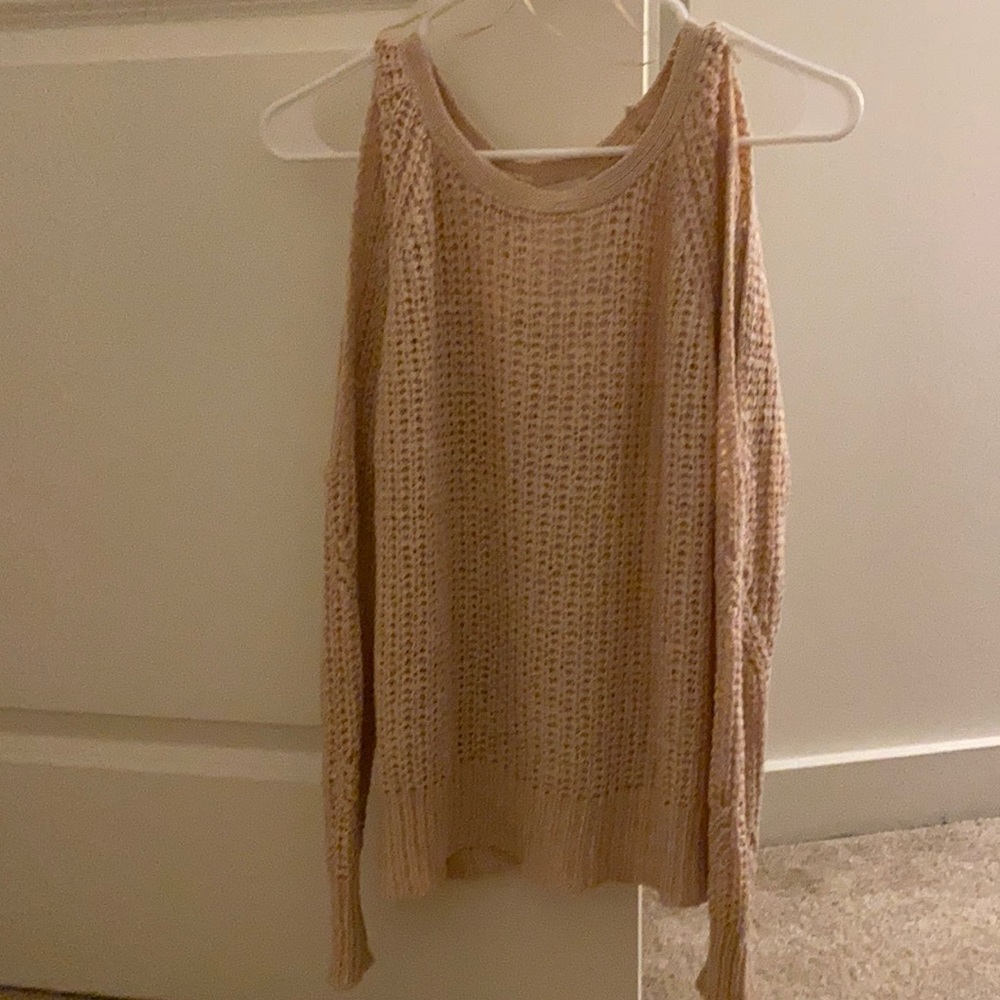 Blush pink crochet cold shoulder sweater